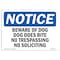 Signmission OSHA Sign, 10" H, 14" W, Rigid Plastic, Beware Of Dog Dog Does Bite No Trespassing Sign, Landscape OS-NS-P-1014-L-10344 - alternate 1